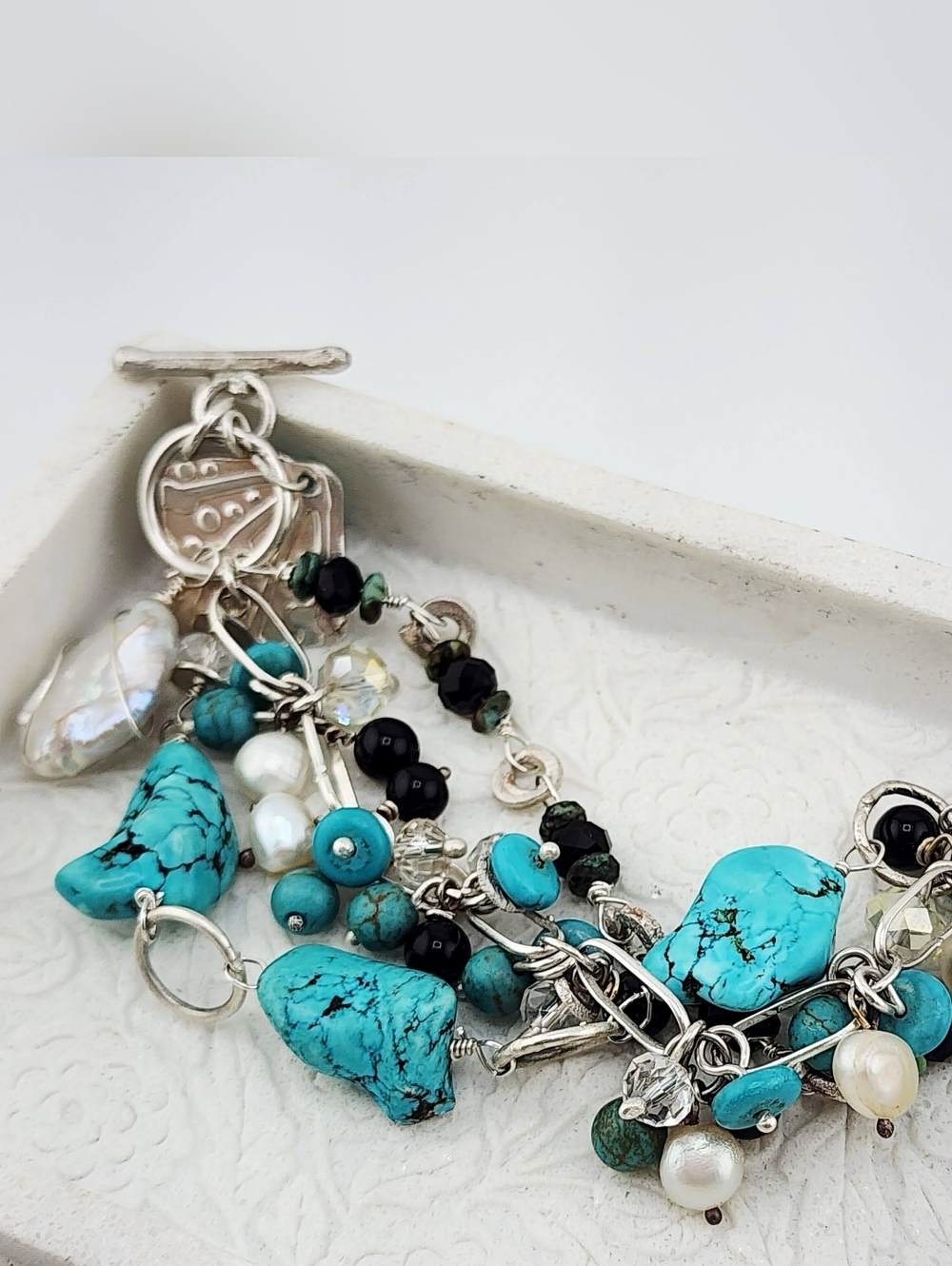 BANGLE HANDMADE BRACELET TURQUOISE, ONYX & PEARLS HANDMADE IN STERLING SILVER - Picture 2 of 14